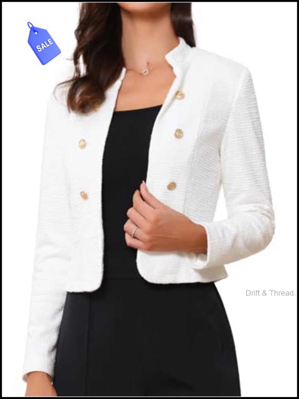 Vintage Tweed Cropped Blazer Open Front Stand Collar Business Casual